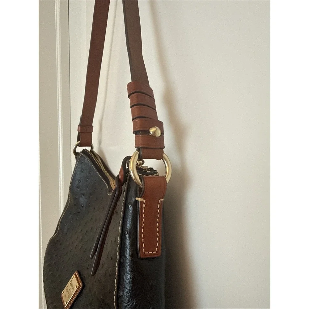 Dooney & Bourke Black Ostrich Embossed Leather Hobo Shoulder Bag Red Lining